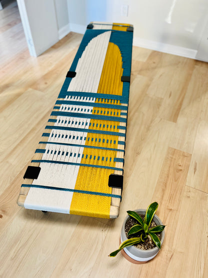 Mid Century Bench | Custom Size Woven Entryway Seating With Matte Black Legs