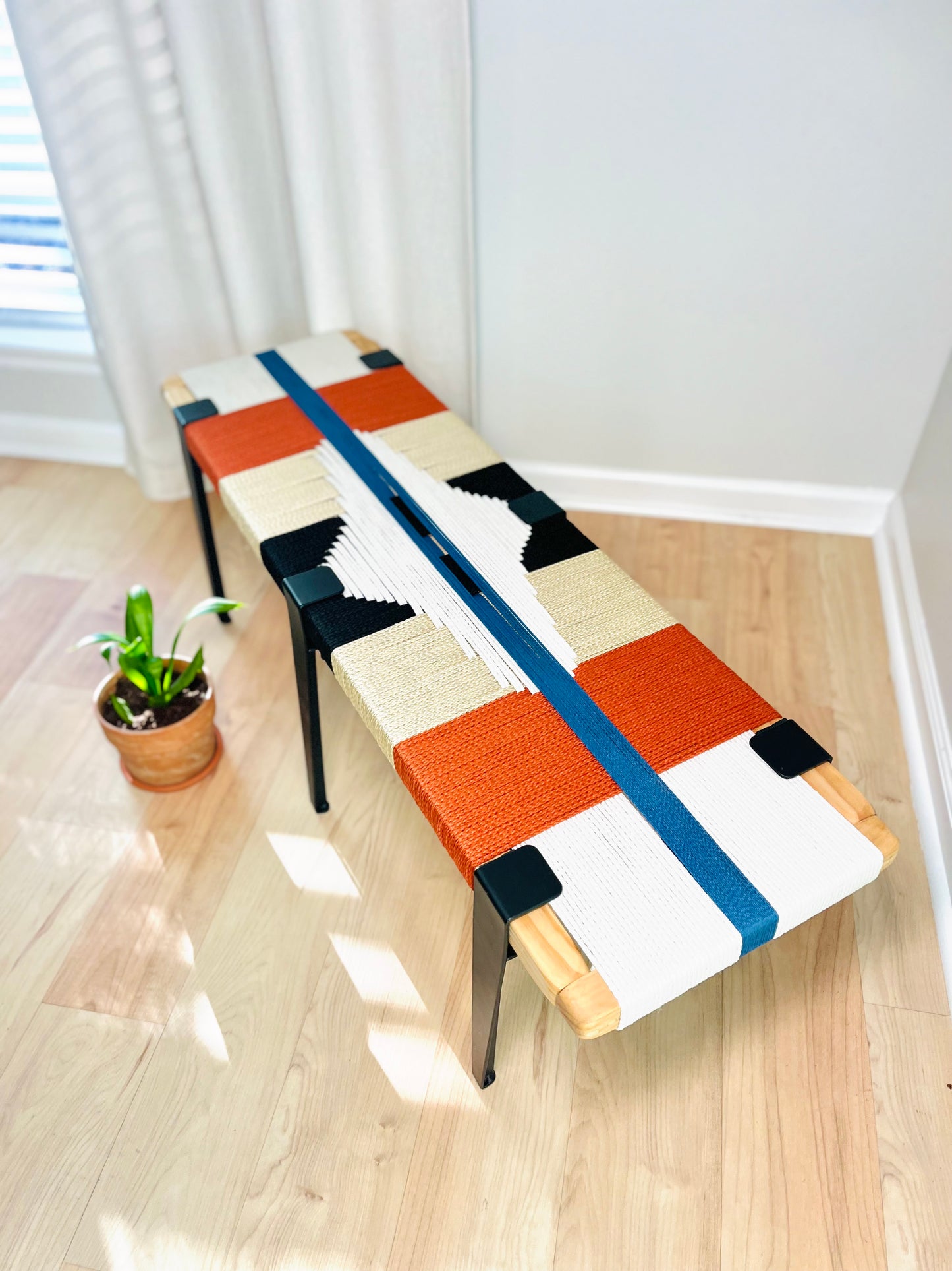 Mid Century Bench | Custom Size Woven Entryway Seating With Matte Black Legs