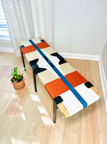 Mid Century Bench | Custom Size Woven Entryway Seating With Matte Black Legs