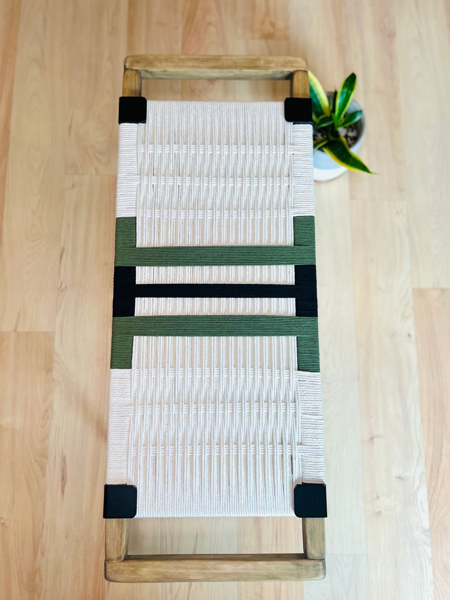 Mid Century Bench | Custom Size Woven Entryway Seating With Matte Black Legs