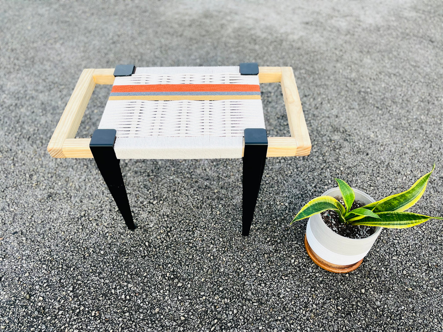 Mid Century Bench | Custom Size Woven Entryway Seating With Matte Black Legs