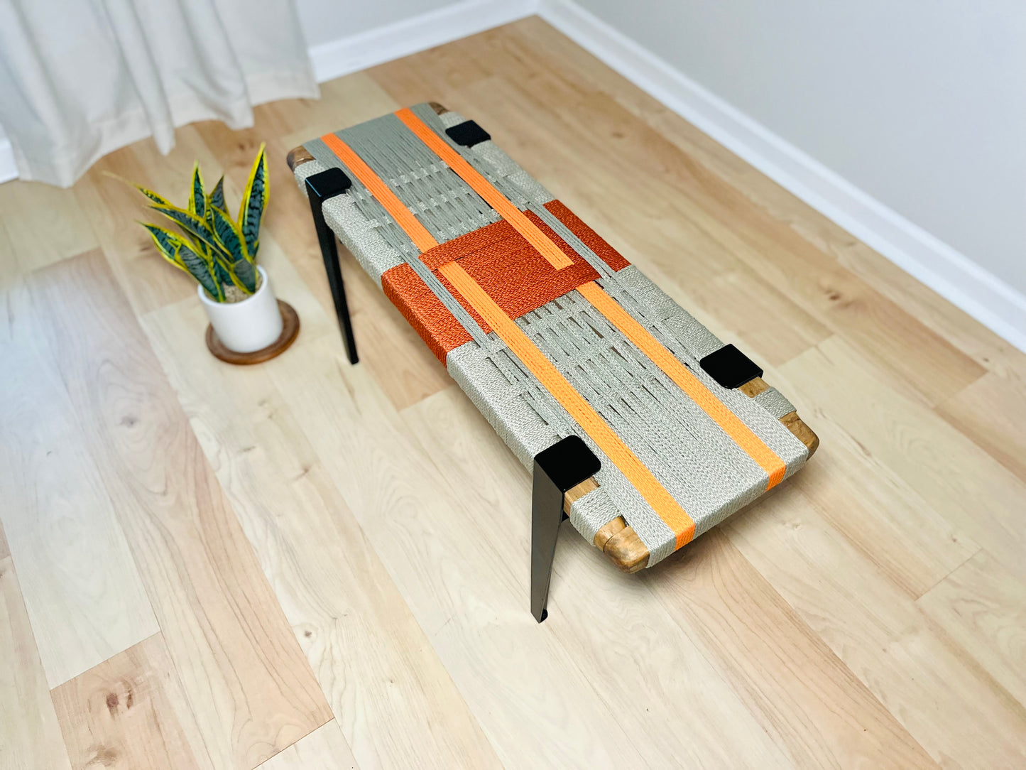 Mid Century Bench | Custom Size Woven Entryway Seating With Matte Black Legs