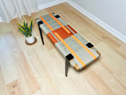 Mid Century Bench | Custom Size Woven Entryway Seating With Matte Black Legs