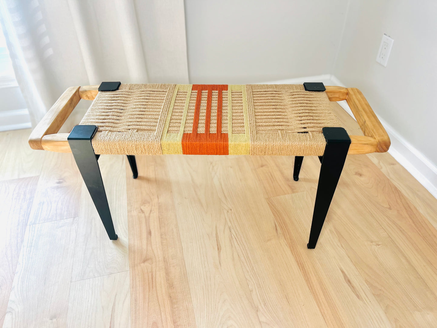 Mid Century Bench | Custom Size Woven Entryway Seating With Matte Black Legs