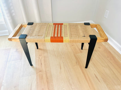 Mid Century Bench | Custom Size Woven Entryway Seating With Matte Black Legs
