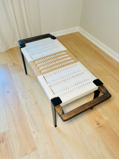 Mid Century Bench | Custom Size Woven Entryway Seating With Matte Black Legs