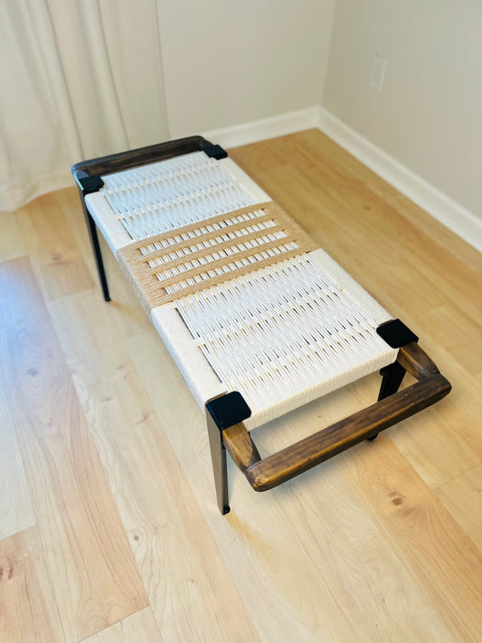 Mid Century Bench | Custom Size Woven Entryway Seating With Matte Black Legs