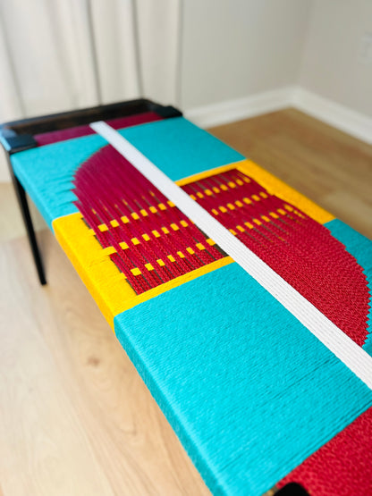 Mid Century Bench | Custom Size Woven Entryway Seating With Matte Black Legs