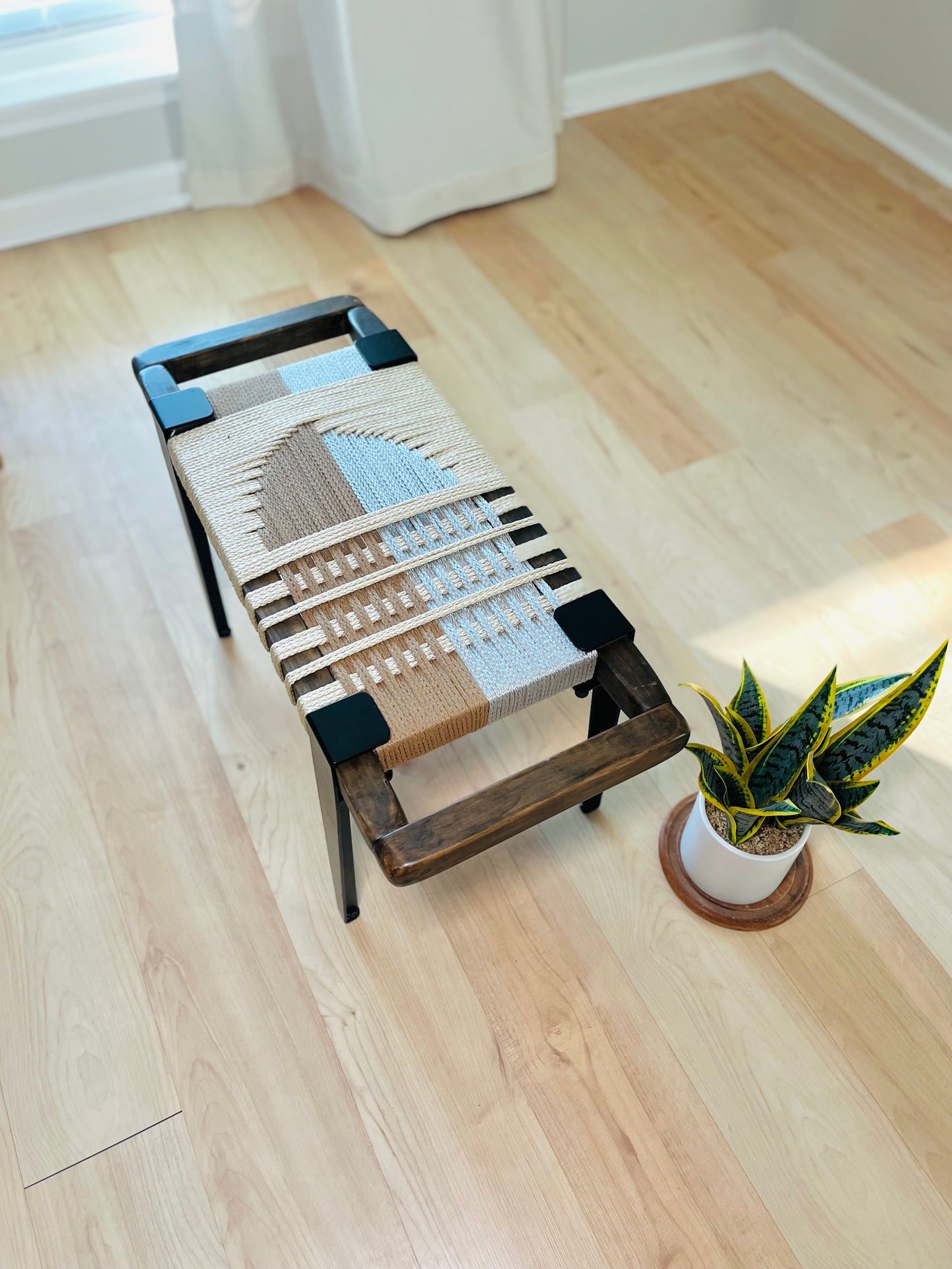 Mid Century Bench | Custom Size Woven Entryway Seating With Matte Black Legs