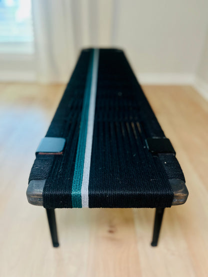 Mid Century Bench | Custom Size Woven Entryway Seating With Matte Black Legs