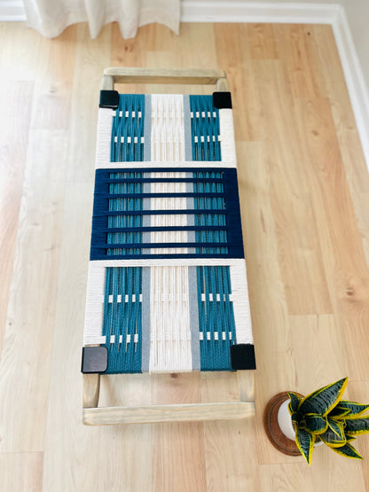 Mid Century Bench | Custom Size Woven Entryway Seating With Matte Black Legs