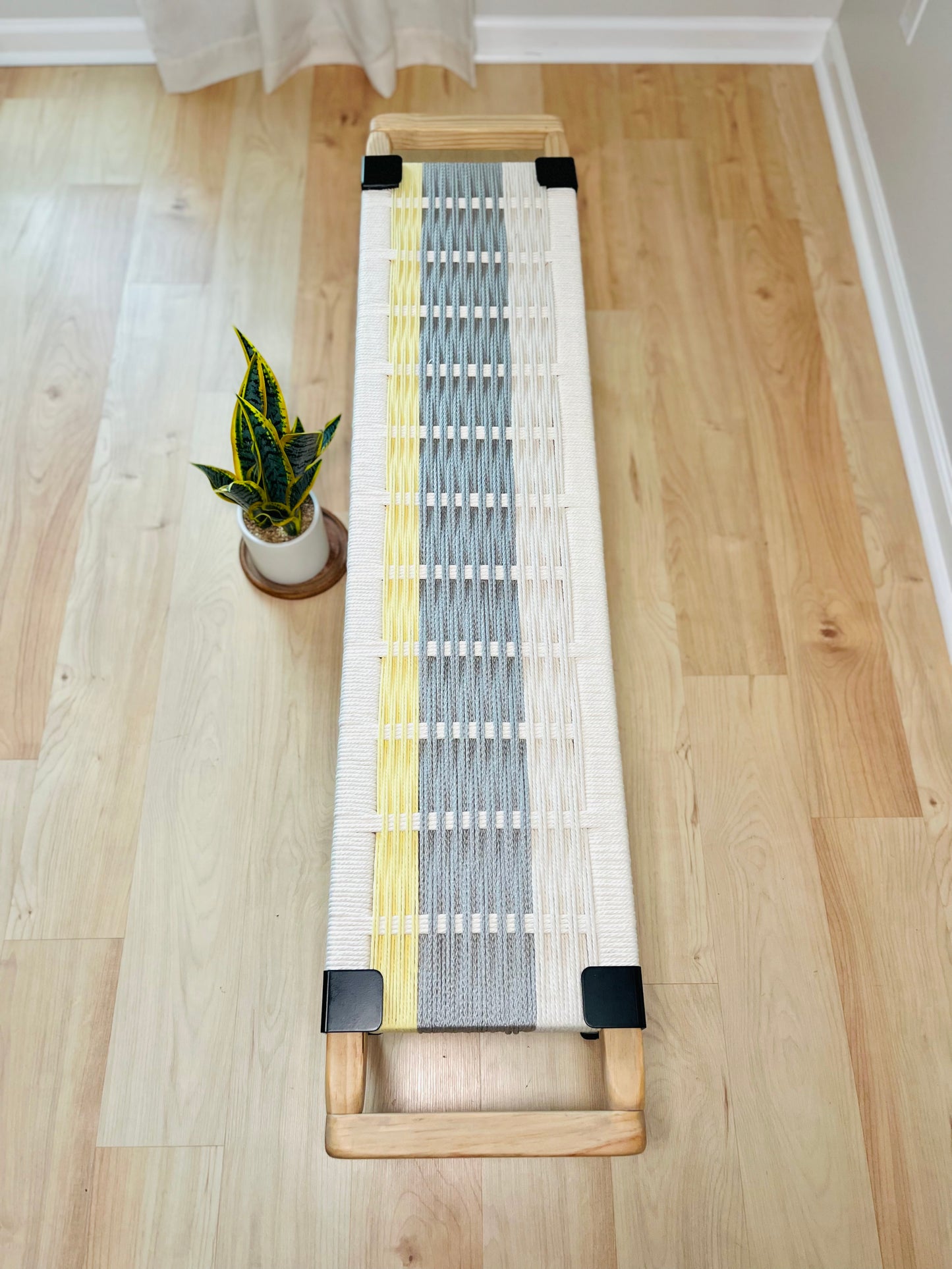 Mid Century Bench | Custom Size Woven Entryway Seating With Matte Black Legs