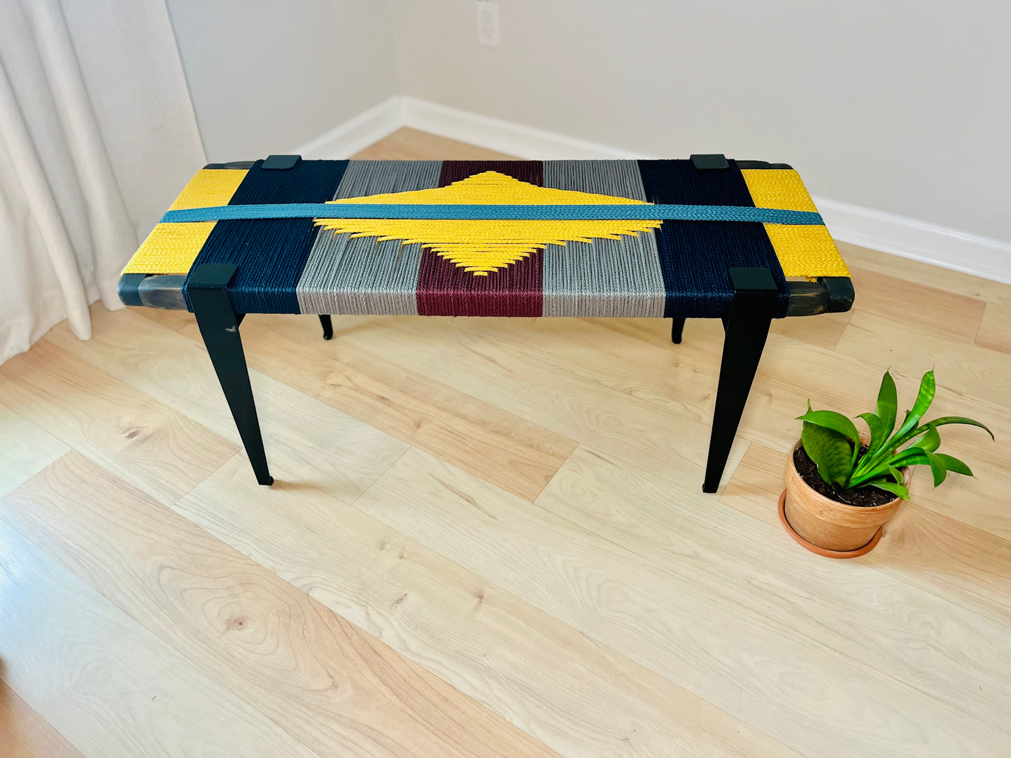 Mid Century Bench | Custom Size Woven Entryway Seating With Matte Black Legs.