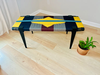 Mid Century Bench | Custom Size Woven Entryway Seating With Matte Black Legs.