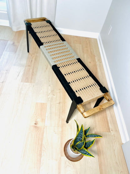Mid Century Bench | Custom Size Woven Entryway Seating With Matte Black Legs