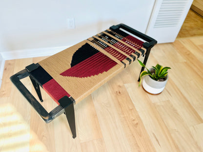 Mid Century Bench | Custom Size Woven Entryway Seating With Matte Black Legs