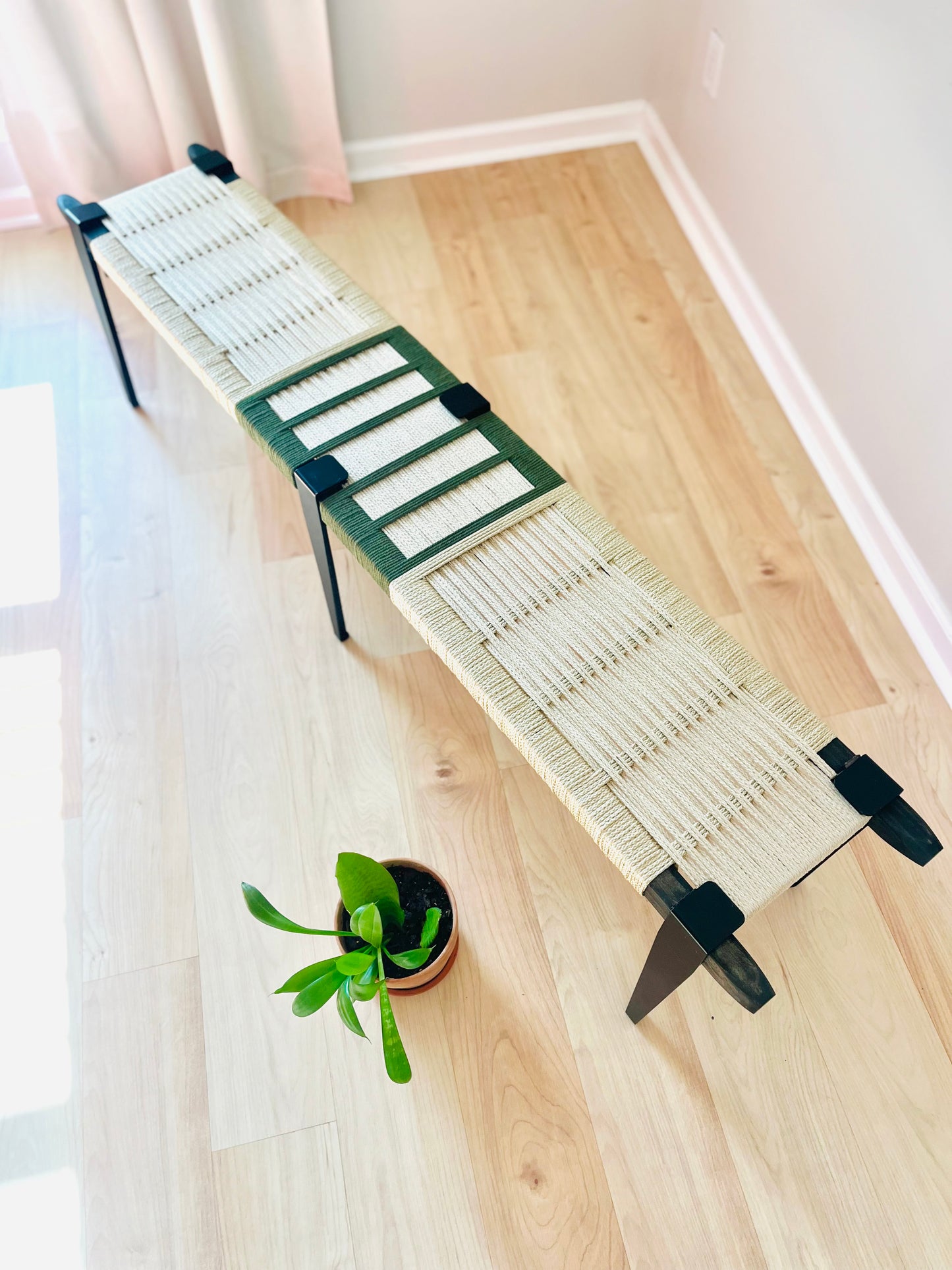 Mid Century Bench | Custom Size Woven Entryway Seating With Matte Black Legs