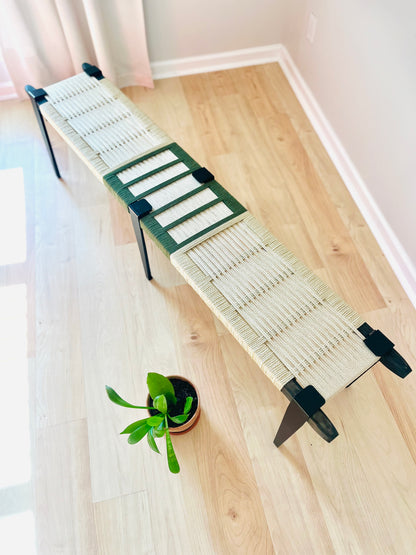 Mid Century Bench | Custom Size Woven Entryway Seating With Matte Black Legs