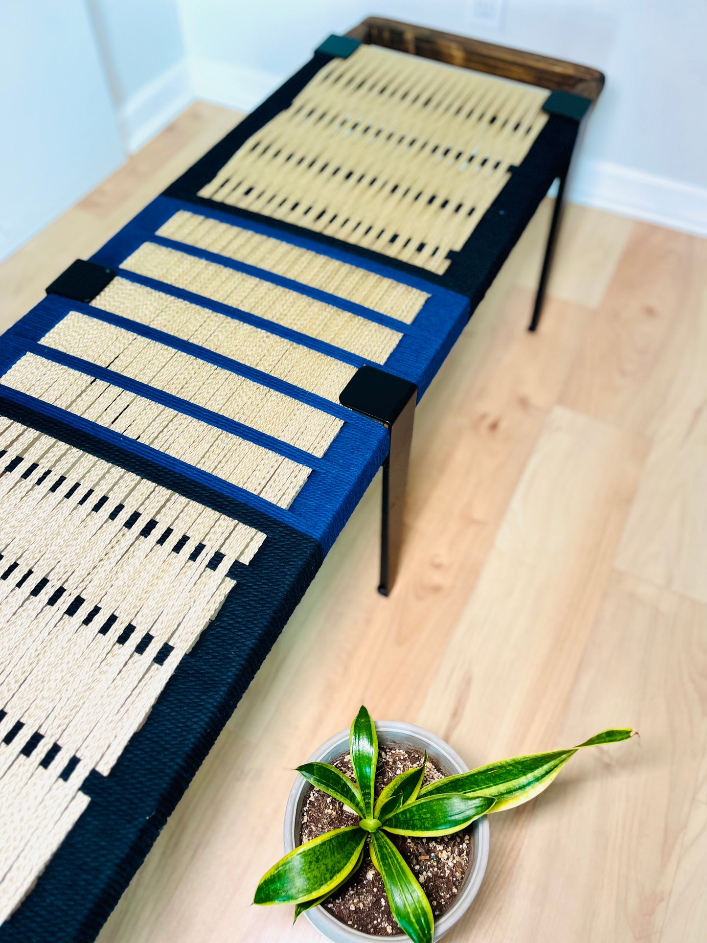 Mid Century Bench | Custom Size Woven Entryway Seating With Matte Black Legs