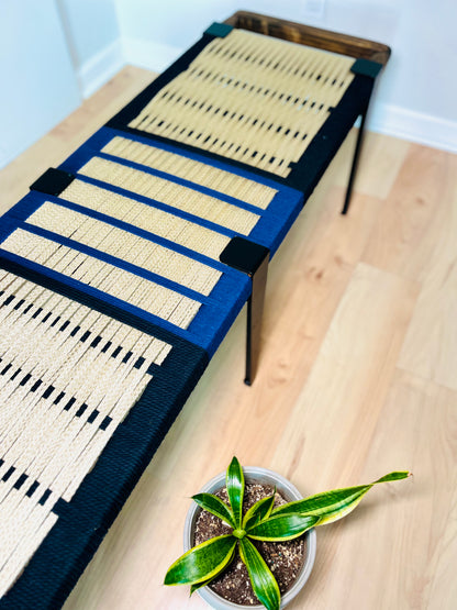 Mid Century Bench | Custom Size Woven Entryway Seating With Matte Black Legs