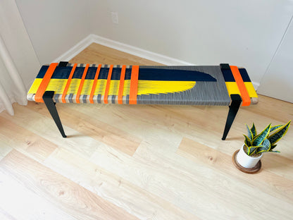 Mid Century Bench | Custom Size Woven Entryway Seating With Matte Black Legs