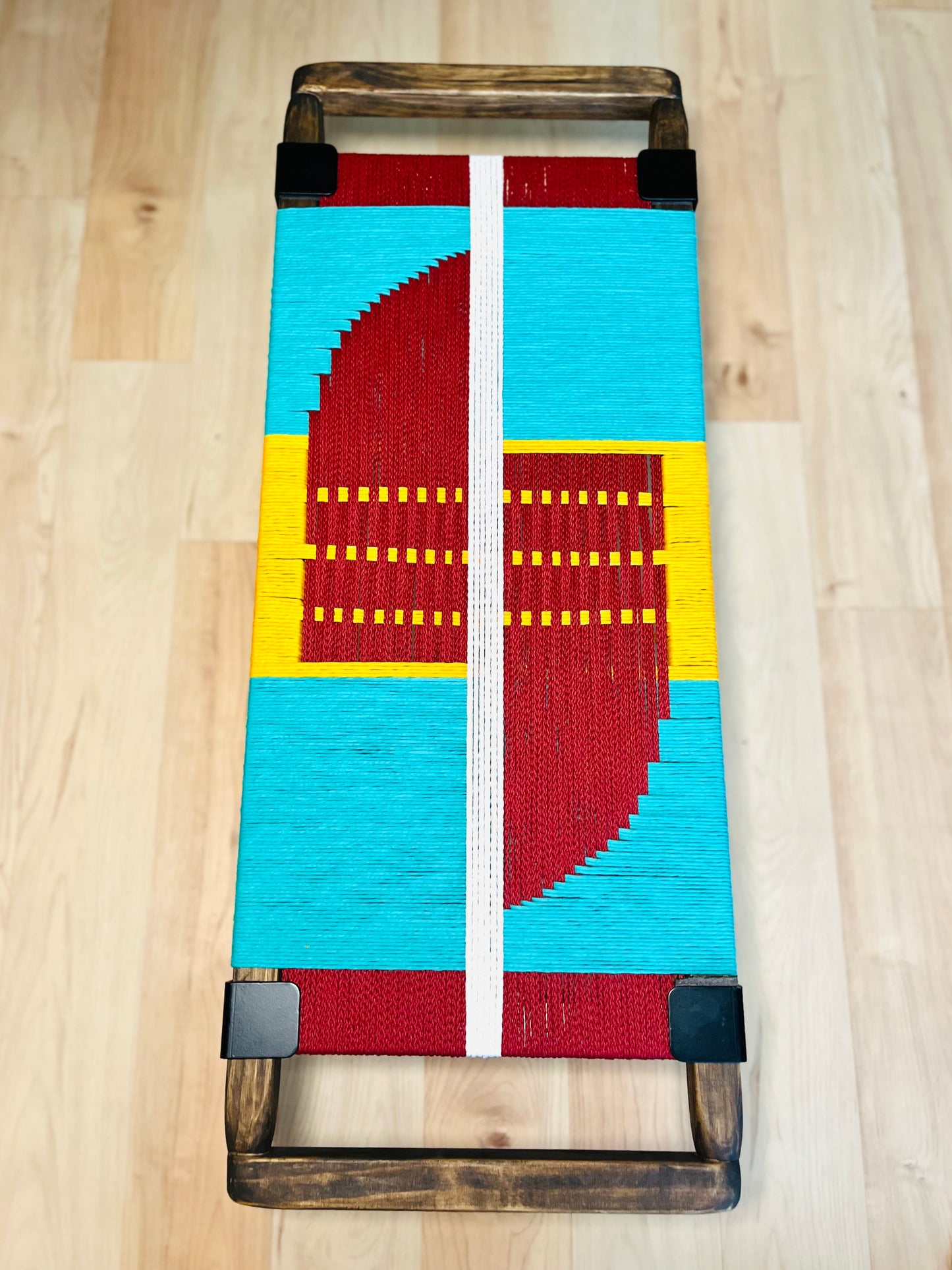 Mid Century Bench | Custom Size Woven Entryway Seating With Matte Black Legs