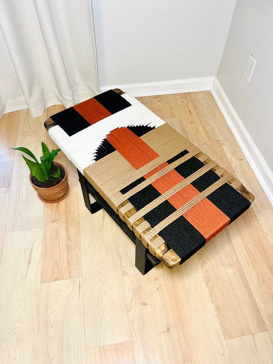 Mid Century Bench | Custom Size Woven Entryway Seating With Matte Black Legs
