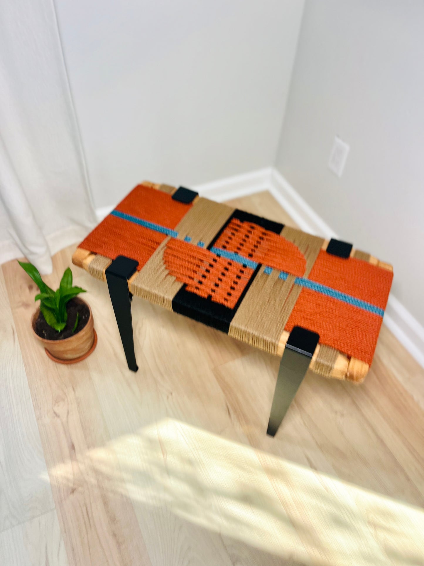 Mid Century Bench | Custom Size Woven Entryway Seating With Matte Black Legs