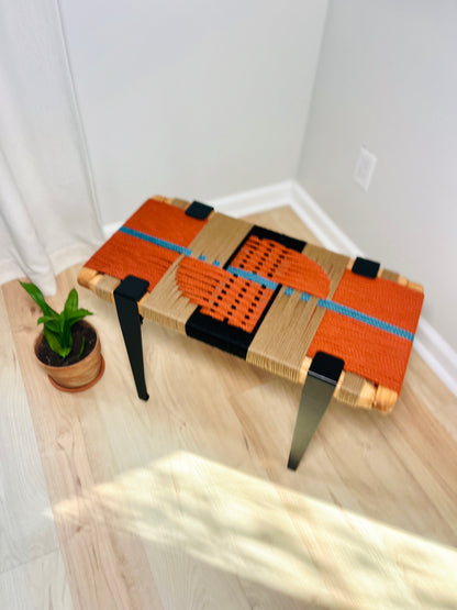 Mid Century Bench | Custom Size Woven Entryway Seating With Matte Black Legs