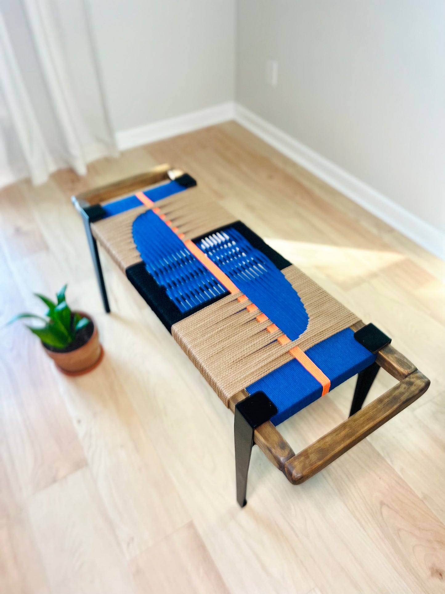 Mid Century Bench | Custom Size Woven Entryway Seating With Matte Black Legs