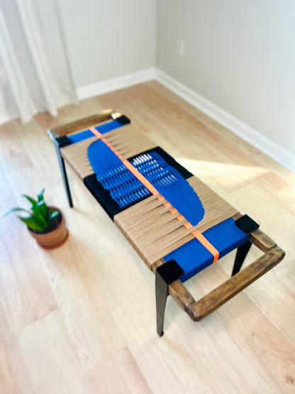 Mid Century Bench | Custom Size Woven Entryway Seating With Matte Black Legs