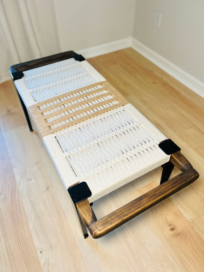 Mid Century Bench | Custom Size Woven Entryway Seating With Matte Black Legs
