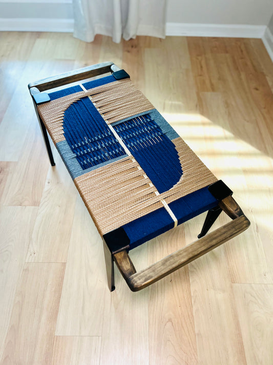 Mid Century Bench | Custom Size Woven Entryway Seating With Matte Black Legs