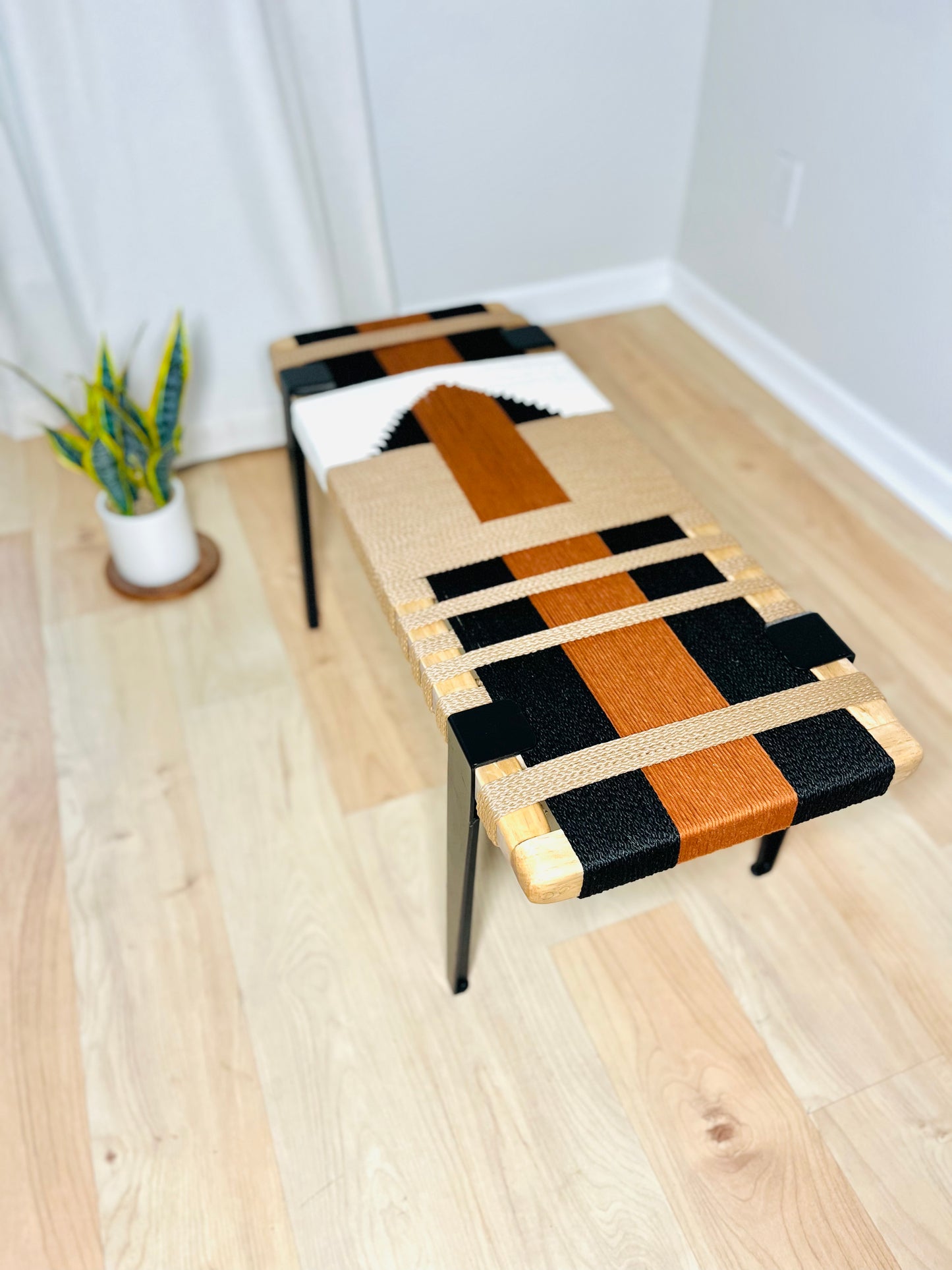 Mid Century Bench | Custom Size Woven Entryway Seating With Matte Black Legs