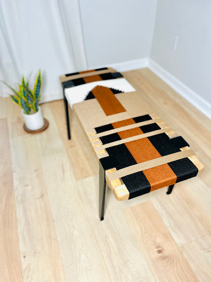Mid Century Bench | Custom Size Woven Entryway Seating With Matte Black Legs