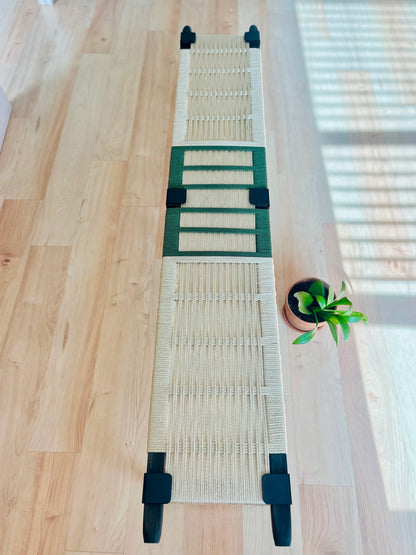 Mid Century Bench | Custom Size Woven Entryway Seating With Matte Black Legs