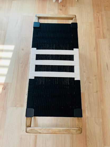 Mid Century Bench | Custom Size Woven Entryway Seating With Matte Black Legs