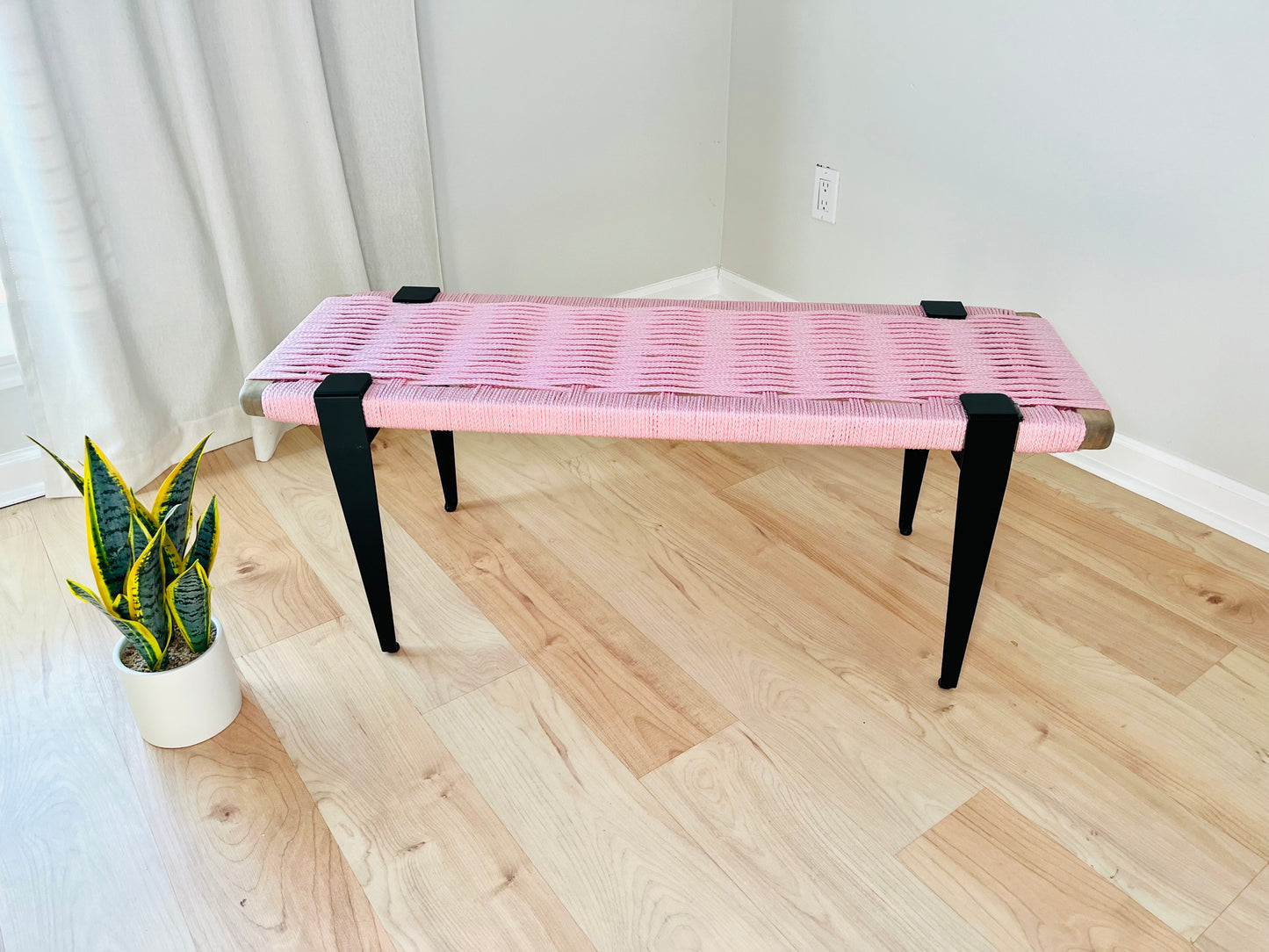 Mid Century Bench | Custom Size Woven Entryway Seating With Matte Black Legs