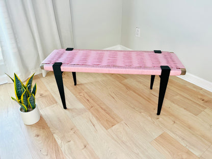 Mid Century Bench | Custom Size Woven Entryway Seating With Matte Black Legs