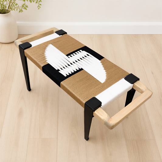 a modern, wooden bench with a woven seat and black metal legs. The bench has a unique design with a black and white geometric pattern on the seat and legs.
