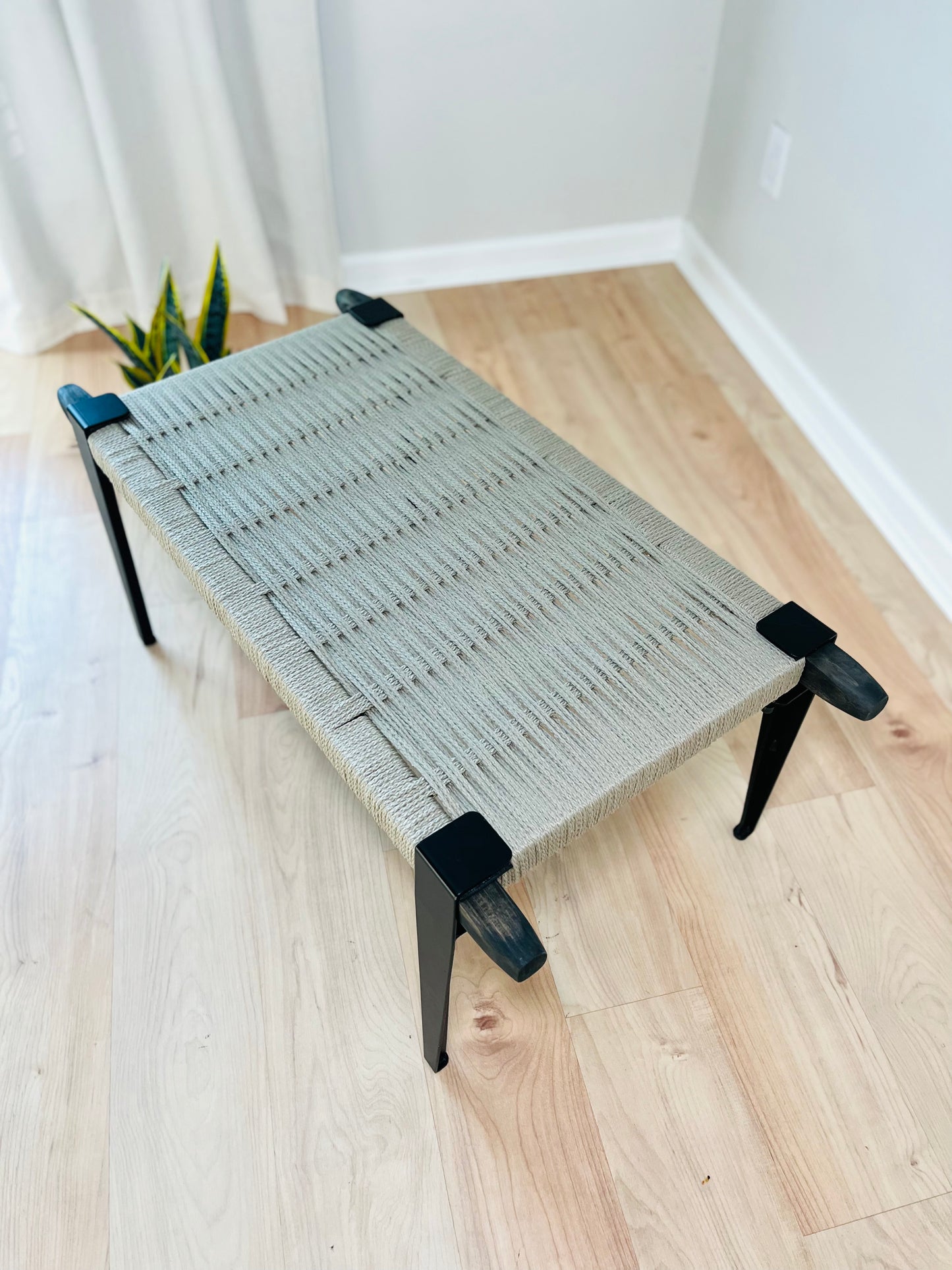 Mid Century Bench | Custom Size Woven Entryway Seating With Matte Black Legs