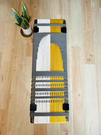 Mid Century Bench | Custom Size Woven Entryway Seating With Matte Black Legs