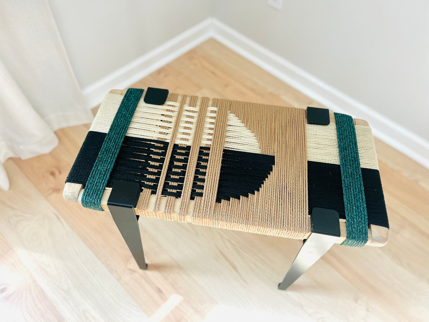 Mid Century Bench | Custom Size Woven Entryway Seating With Matte Black Legs