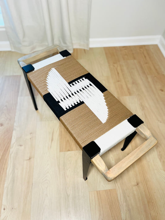 Mid Century Bench | Custom Size Woven Entryway Seating With Matte Black Legs