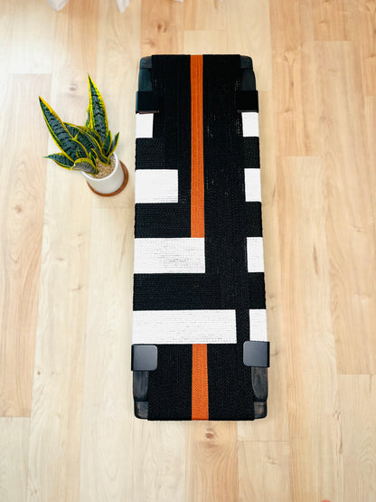 Mid Century Bench | Custom Size Woven Entryway Seating With Matte Black Legs