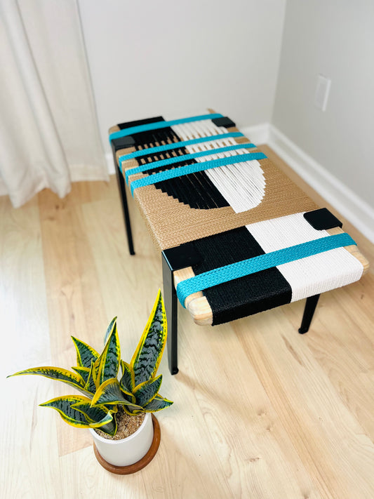 Mid Century Bench | Custom Size Woven Entryway Seating With Matte Black Legs