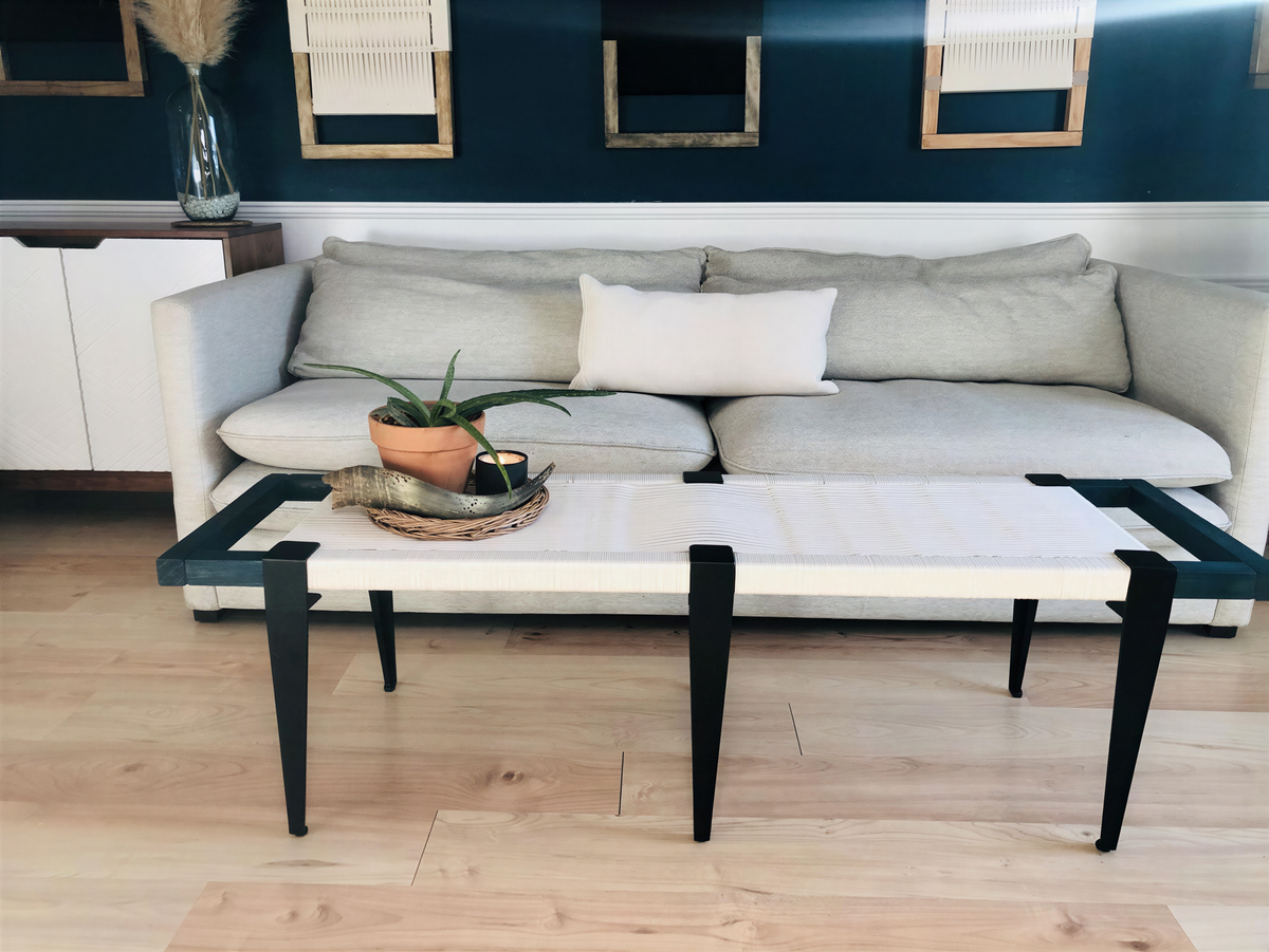 a modern living room with a gray sofa, a white coffee table, and a potted plant on the floor. The room has a blue wall with framed pictures and a wooden cabinet.