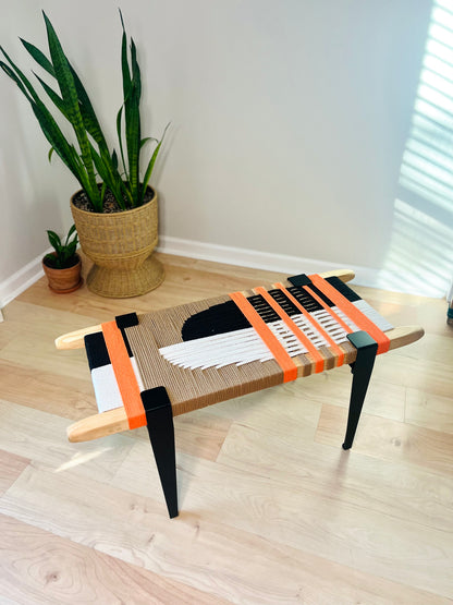 Mid Century Bench | Custom Size Woven Entryway Seating With Matte Black Legs