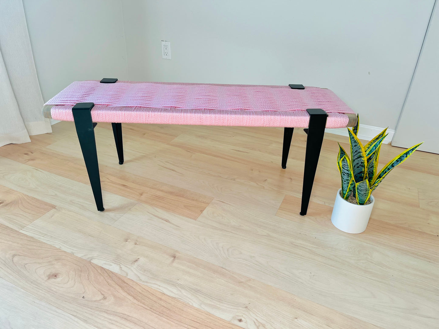 Mid Century Bench | Custom Size Woven Entryway Seating With Matte Black Legs