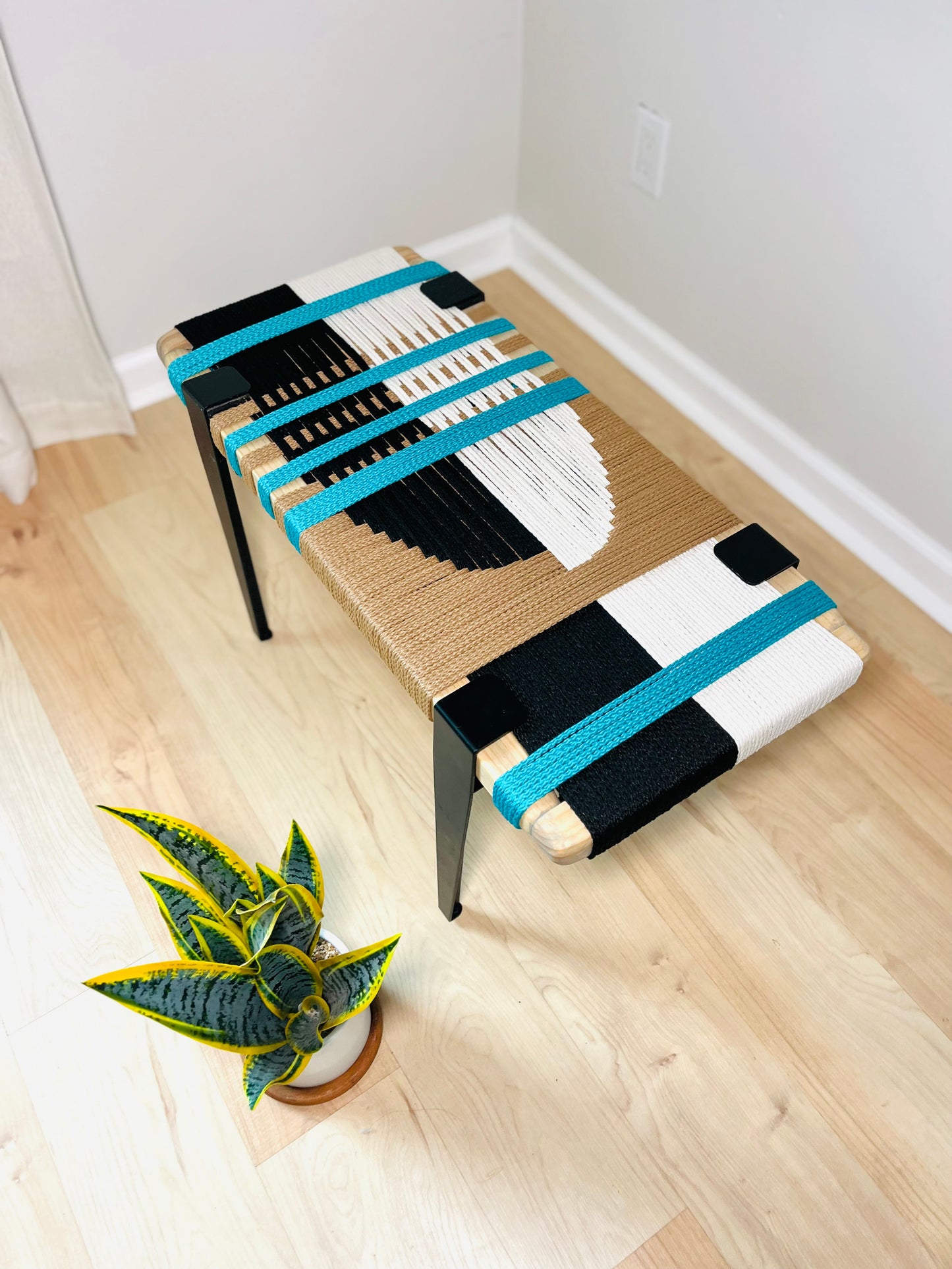 Mid Century Bench | Custom Size Woven Entryway Seating With Matte Black Legs